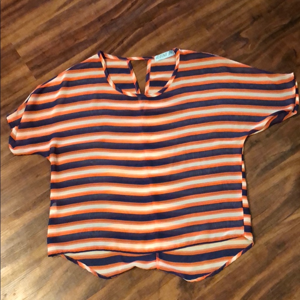 Navy, orange and white stripped shirt